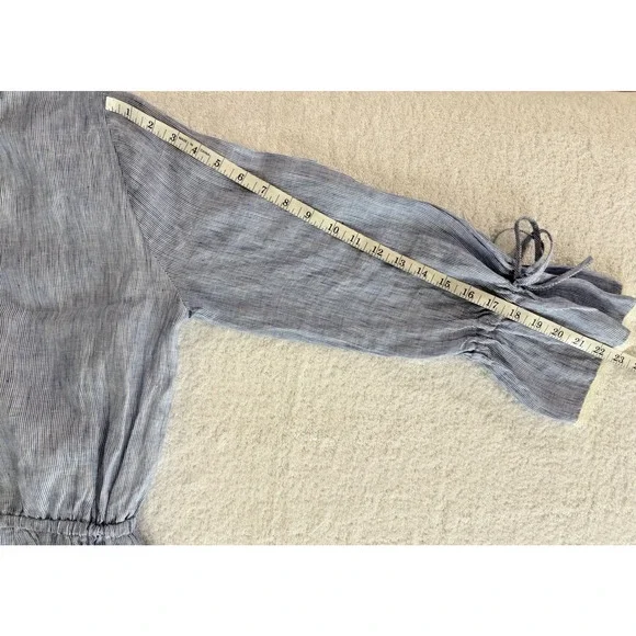 French Curve Linen ruffle V neck Dress Pinstripe Nautical Blue beach lace Sz-M - Picture 6 of 8